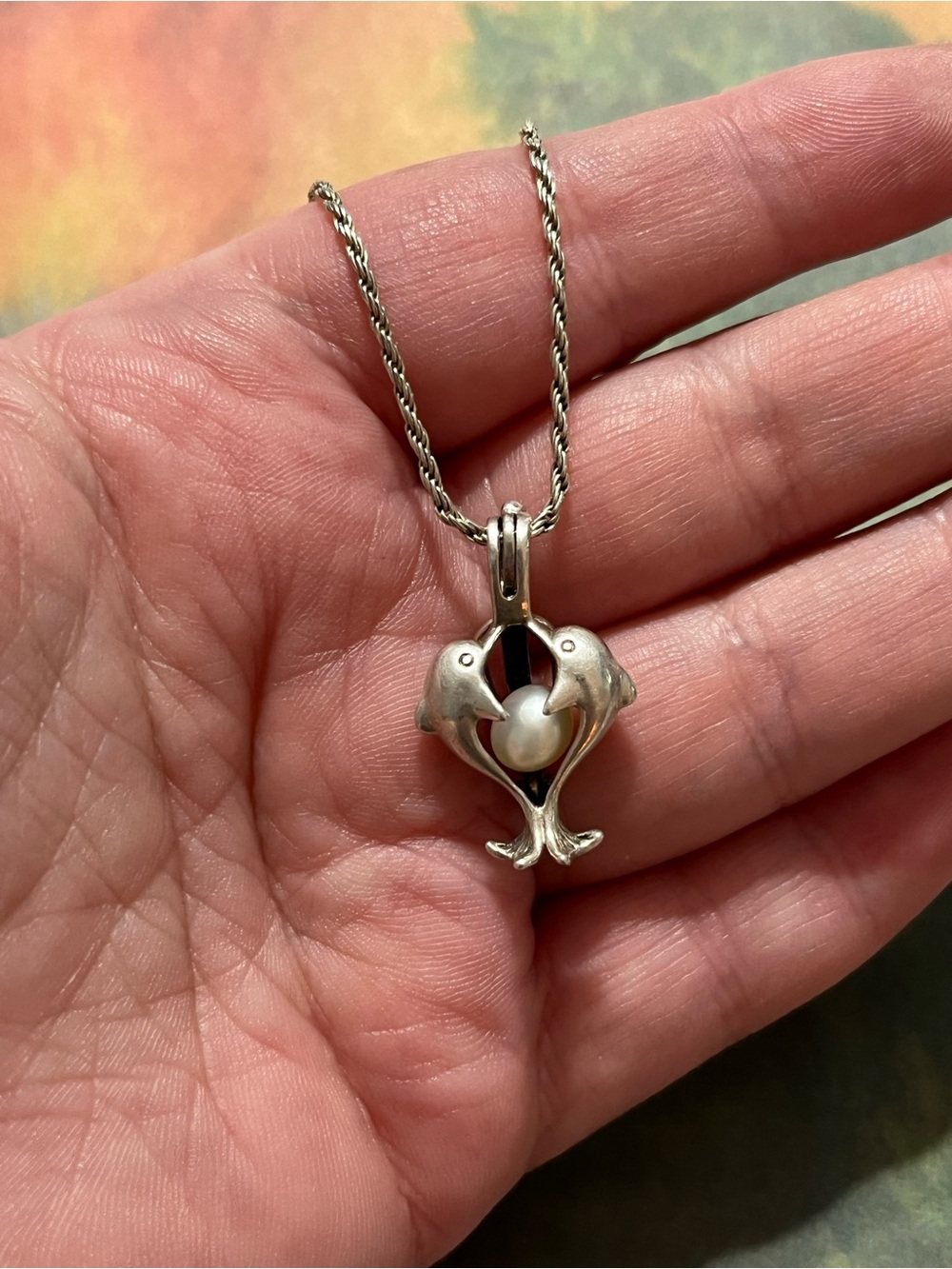 Vintage Sterling Silver 925 Freshwater Pearl Kissing Dolphin Pendant Necklace